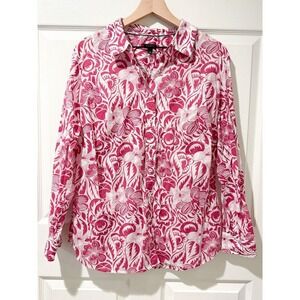 Talbots Plus 1X 100% Cotton Button Up Top Pink Floral Tropical Light Resort
